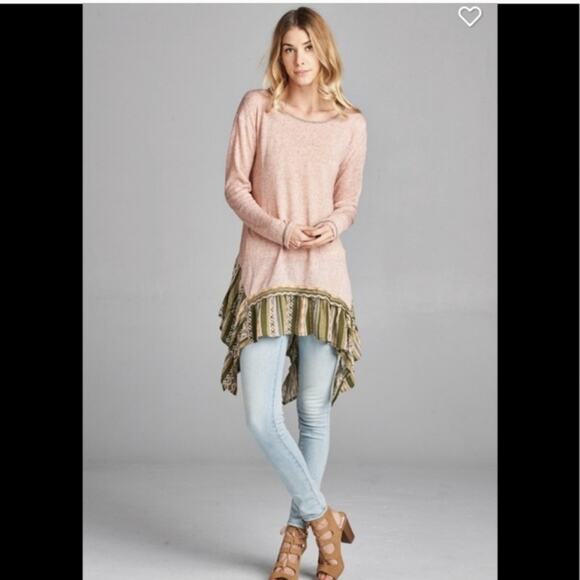 NWT Boho tribal shark bite hem pink top ruffle bottom lagenlook - Picture 7 of 8